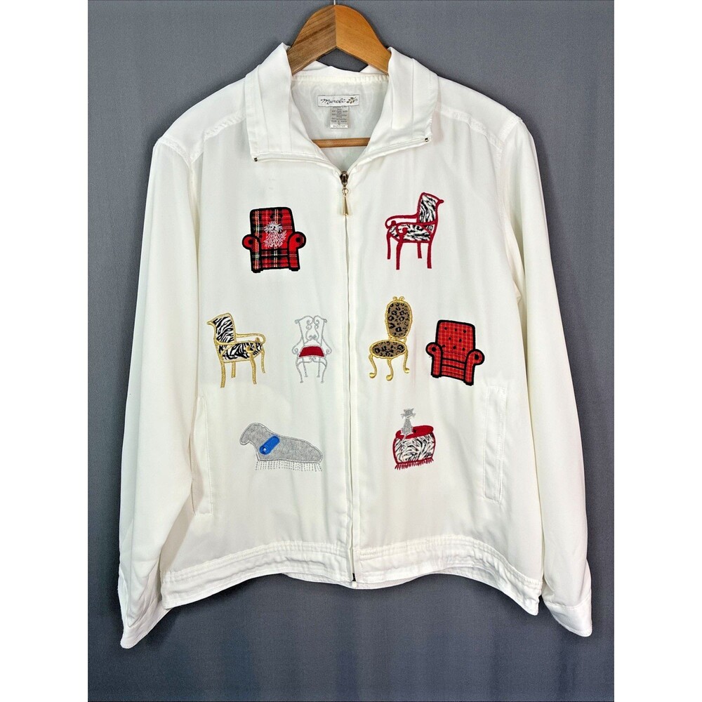 Vintage 80s Mureli Leisure Track Jacket Sz S Oversize White Animal Cat Whimsical